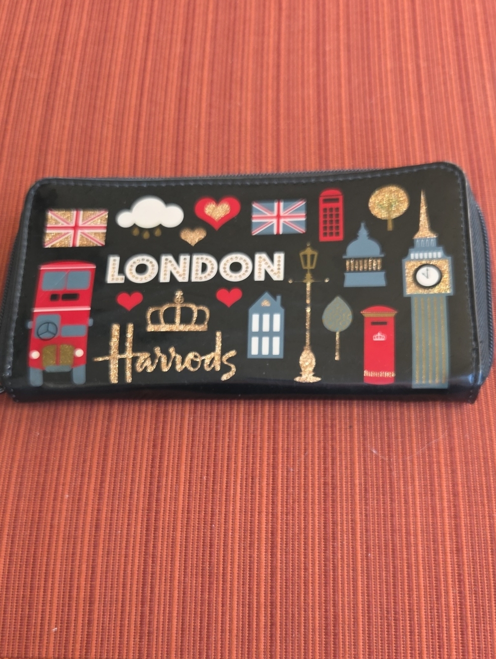 Harrods Black London Icon Zip Wallet with Gold Accents
